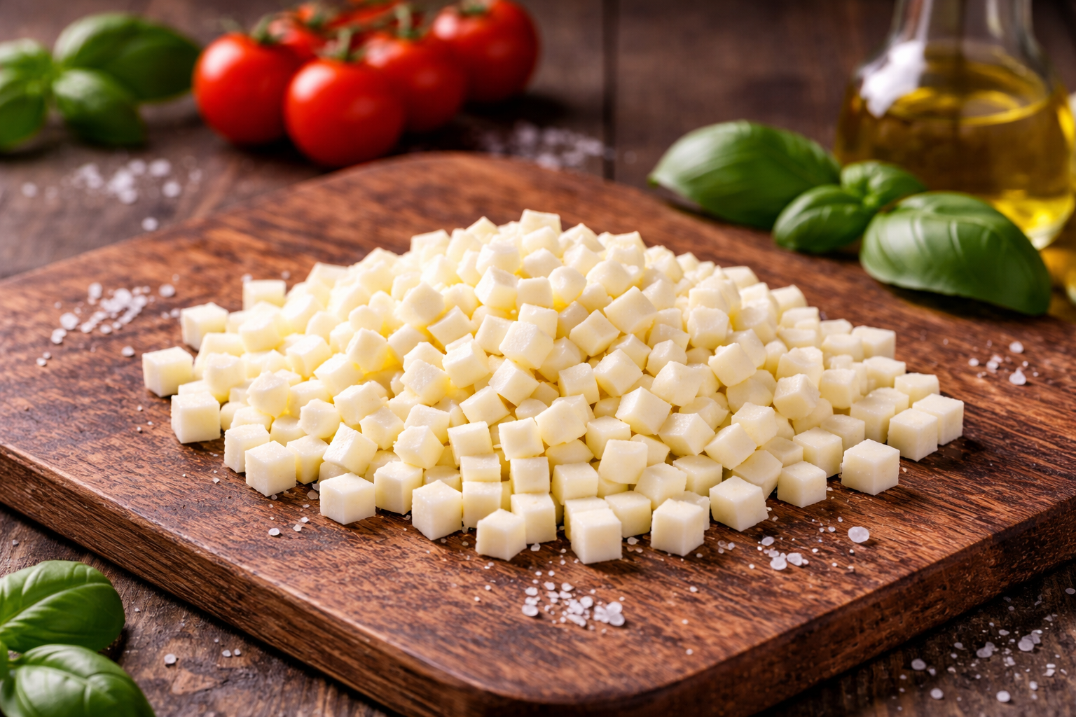 Fein gewürfelter Mozzarella auf Holzbrett mit frischen Zutaten für Pizzerien und Gastronomiebetriebe.