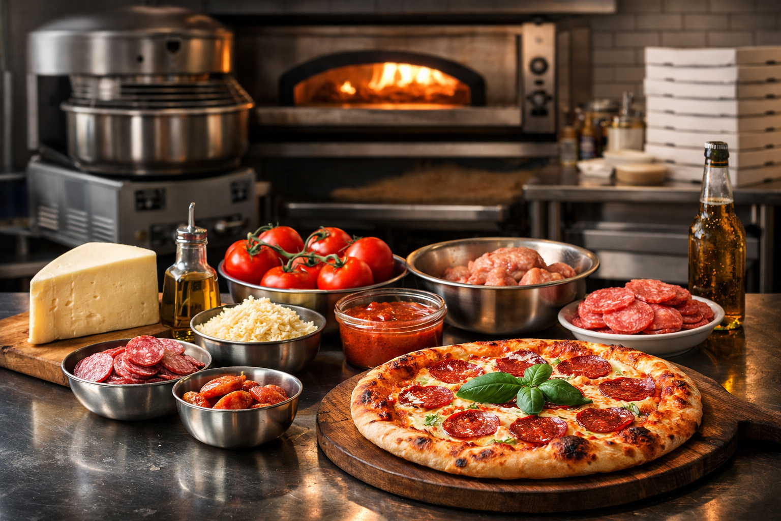Pizza mit Zutaten und Pizzaofen in professioneller Pizzeria-Küche