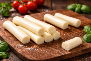 Mozzarella String Cheese Sticks auf Holzbrett mit frischen Zutaten für Gastronomie und Pizzerien.