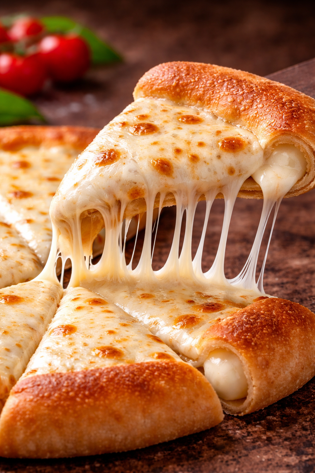 Pizza mit Käserand und geschmolzenem Mozzarella im Rand – mit lang ziehenden Käsefäden, ideal für Pizzerien.