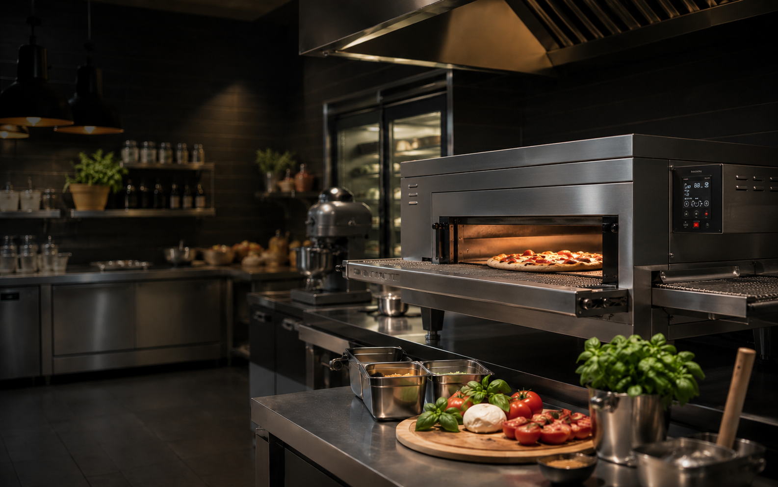 Professioneller Durchlaufofen für Pizza in einem Gastronomiebetrieb