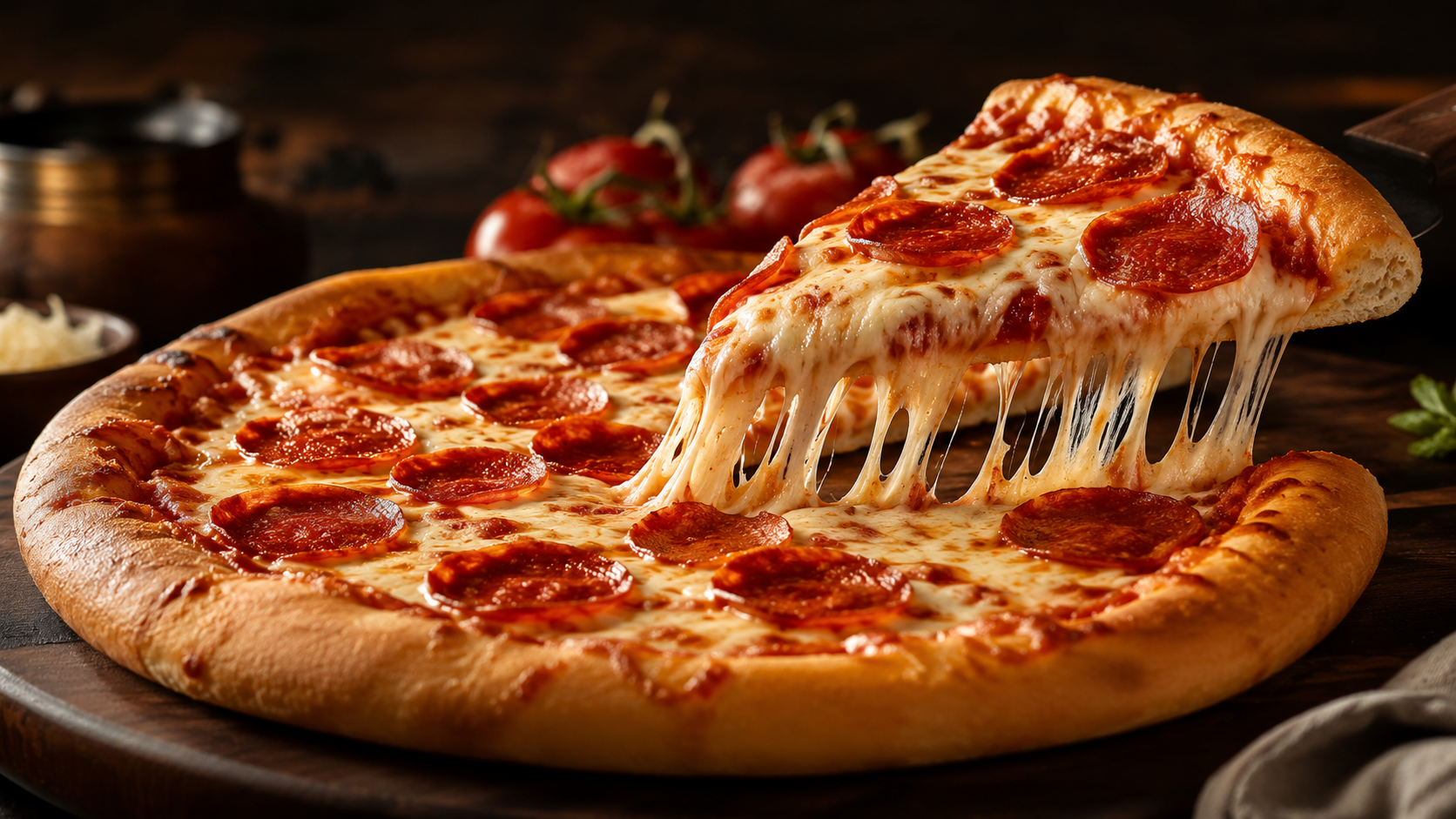 Amerikanische Salami Pizza mit geschmolzenem Käse und knusprigem Rand