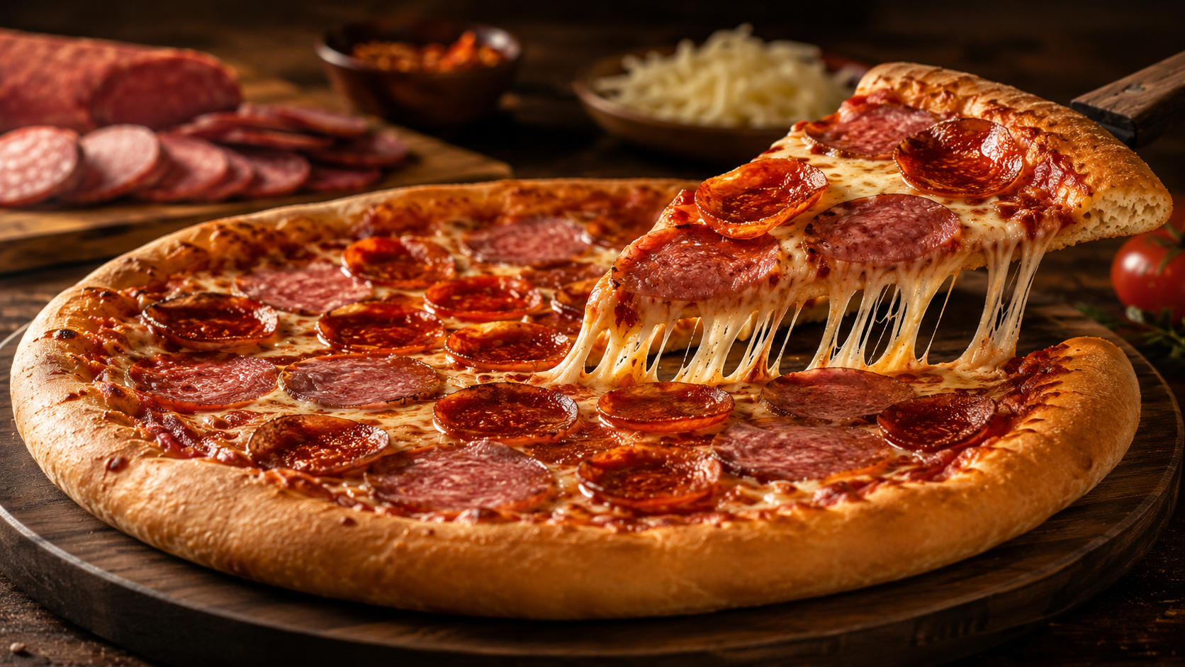 Amerikanische Peperoni Salami Pizza mit Käsezug