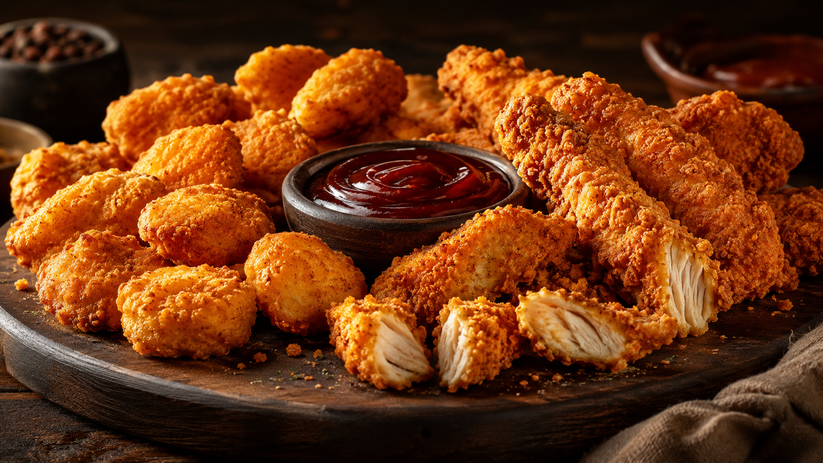 Knusprige Chicken Nuggets und Crispy Chicken mit BBQ-Sauce