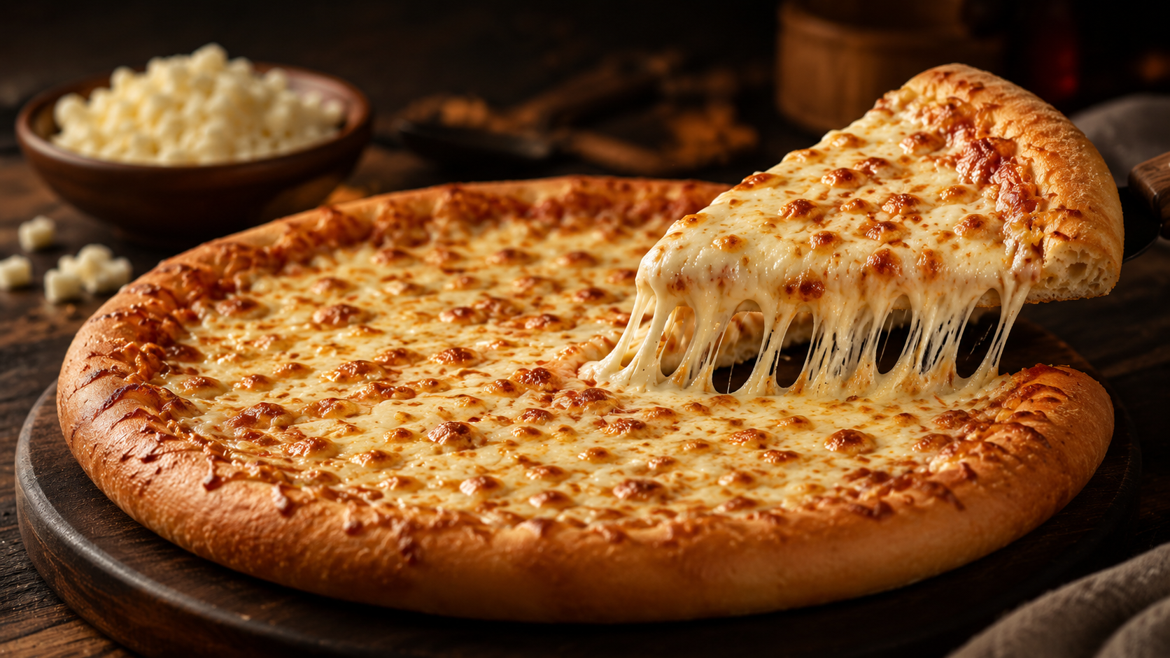 Amerikanische Käsepizza mit geschmolzenem Mozzarella und Käsezug