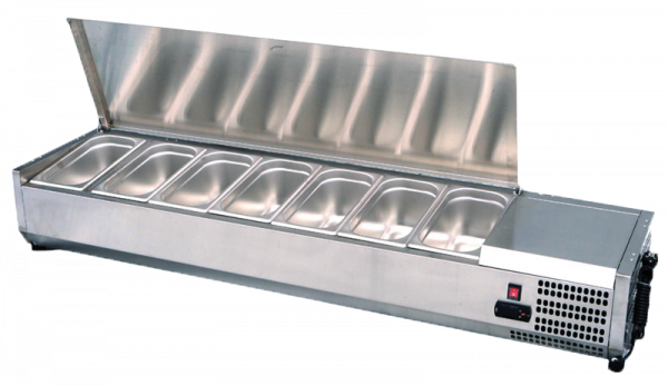 Professionelle Atosa VRX 1400/330 Aufsatzkühlvitrine aus Edelstahl mit flachem Glasdeckel für die Gastronomie.