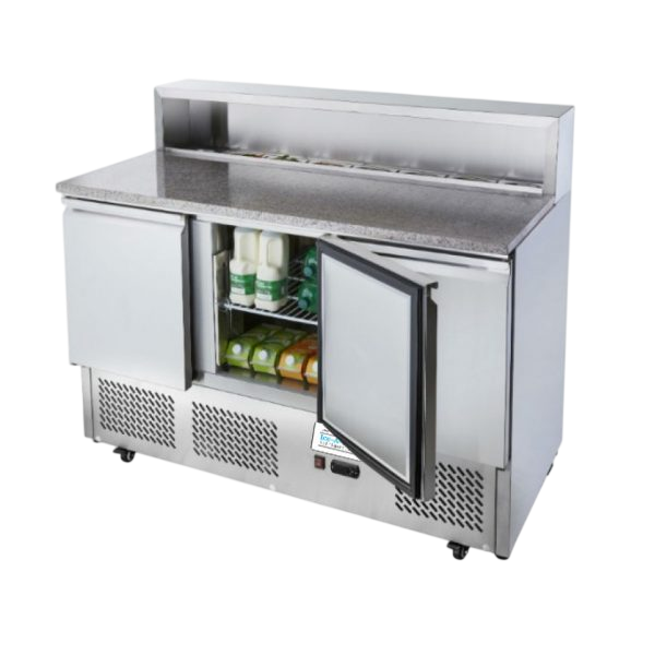 Atosa 3-türige Pizza-Saladette ICE3858GR mit robuster Granitplatte und Edelstahlgehäuse für die Gastronomie.