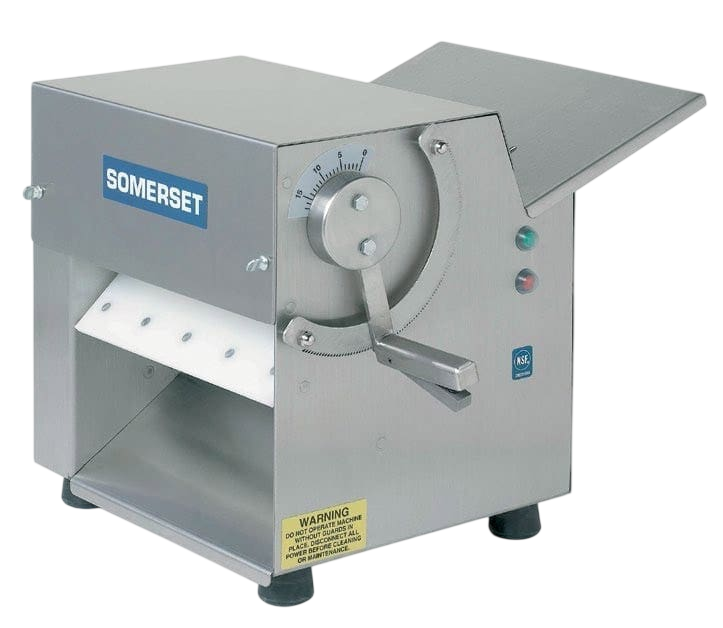 Kompakte Somerset CDR-100 Teigausrollmaschine aus Edelstahl für die Arbeitsplatte zur Teigverarbeitung bis 25 cm.
