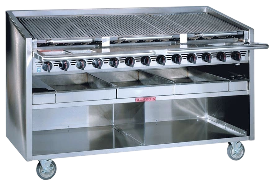 Professioneller Lavastein-Gasgrill FM-RMB 636 aus Edelstahl für die Gastronomie mit massiven Grillrosten und Drehreglern an der Vorderseite.