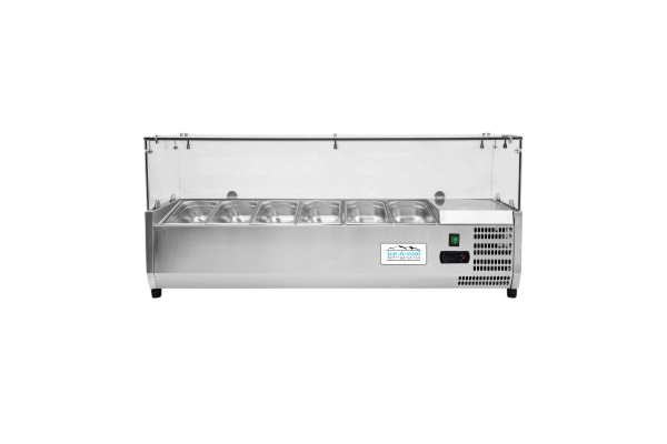 Professionelle Atosa VRX 1400/330 Aufsatzkühlvitrine aus Edelstahl mit klarem Glasaufsatz für die Gastronomie.
