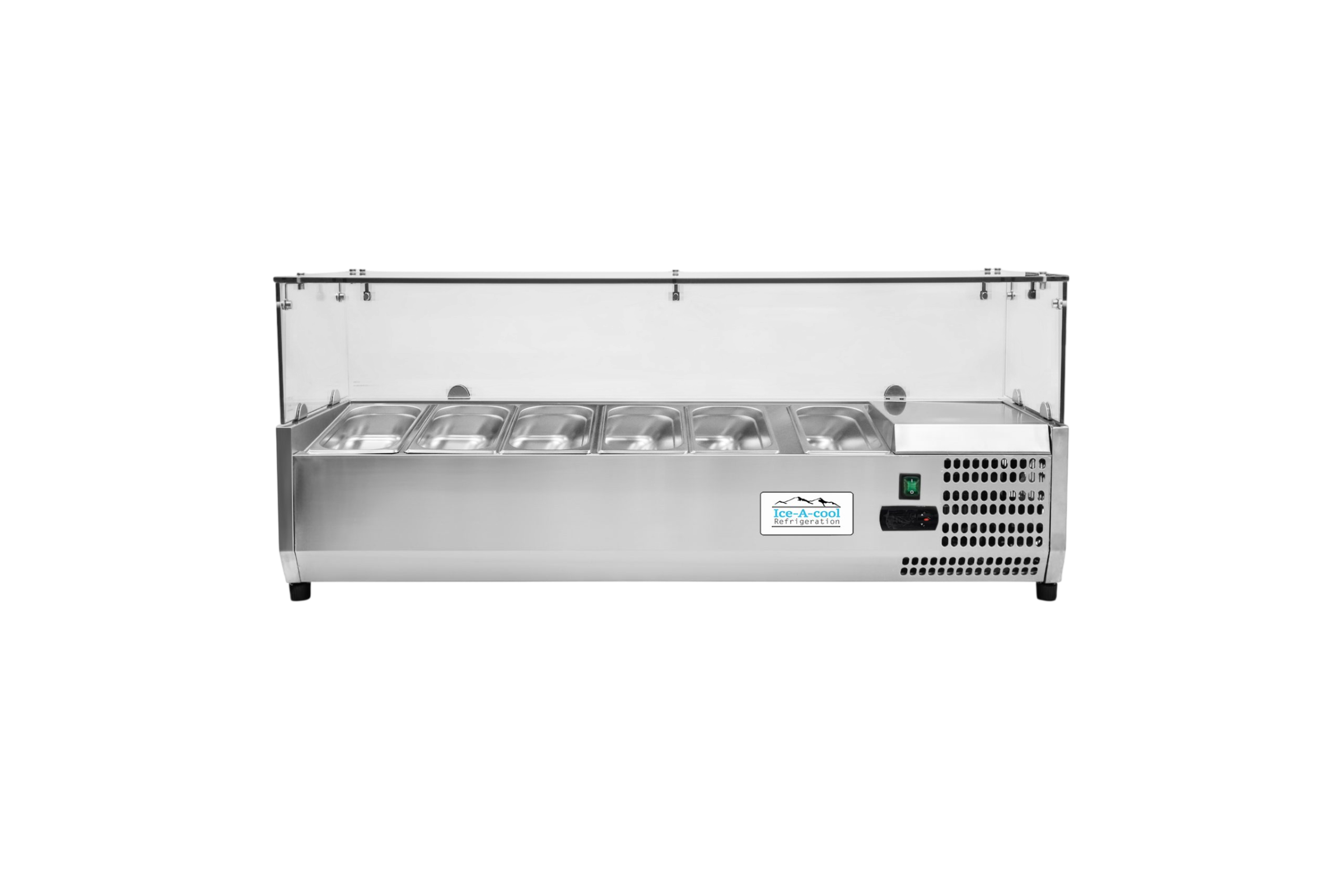 Professionelle Atosa VRX 1400/380 Aufsatzkühlvitrine aus Edelstahl mit klarem Glasaufsatz für die Gastronomie.