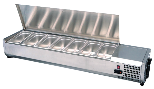 Professionelle Atosa VRX 1400/380 Aufsatzkühlvitrine aus Edelstahl mit geschlossenem Stahldeckel für die Gastro-Küche.