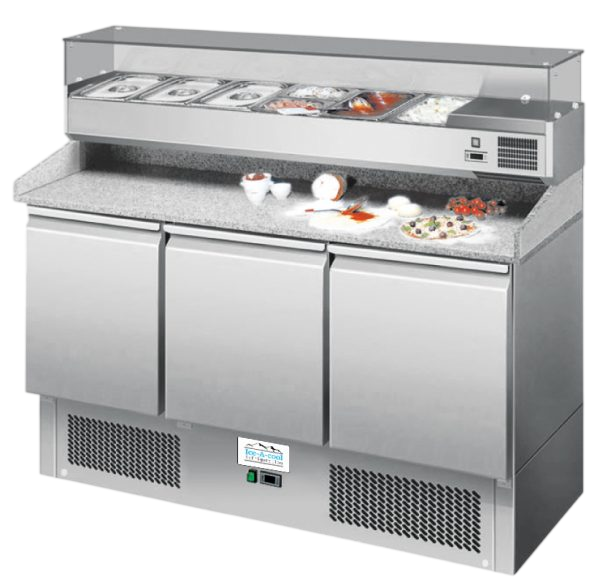 Atosa 3-türiger Pizzakühltisch ICE3852GR aus Edelstahl mit robuster Granitarbeitsplatte für Gastro-Betriebe.