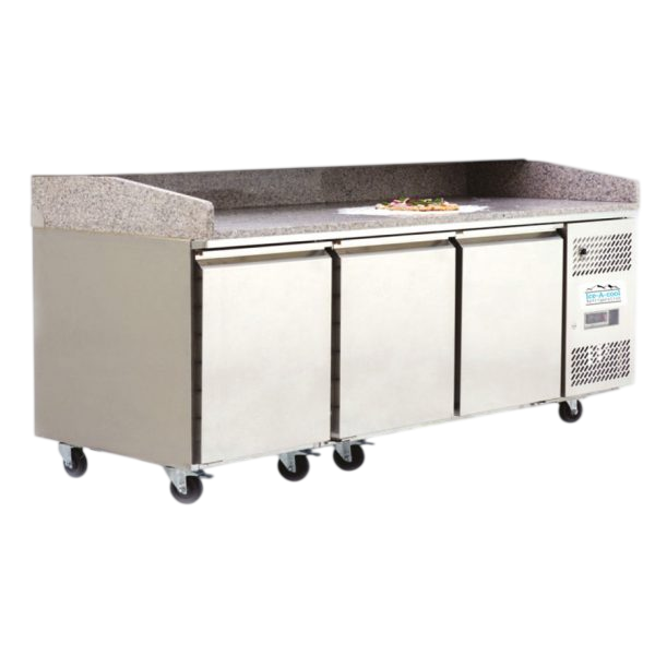 Atosa 3-türiger Pizzakühltisch ICE3852GR aus Edelstahl mit robuster Granitarbeitsplatte für Gastro-Betriebe.